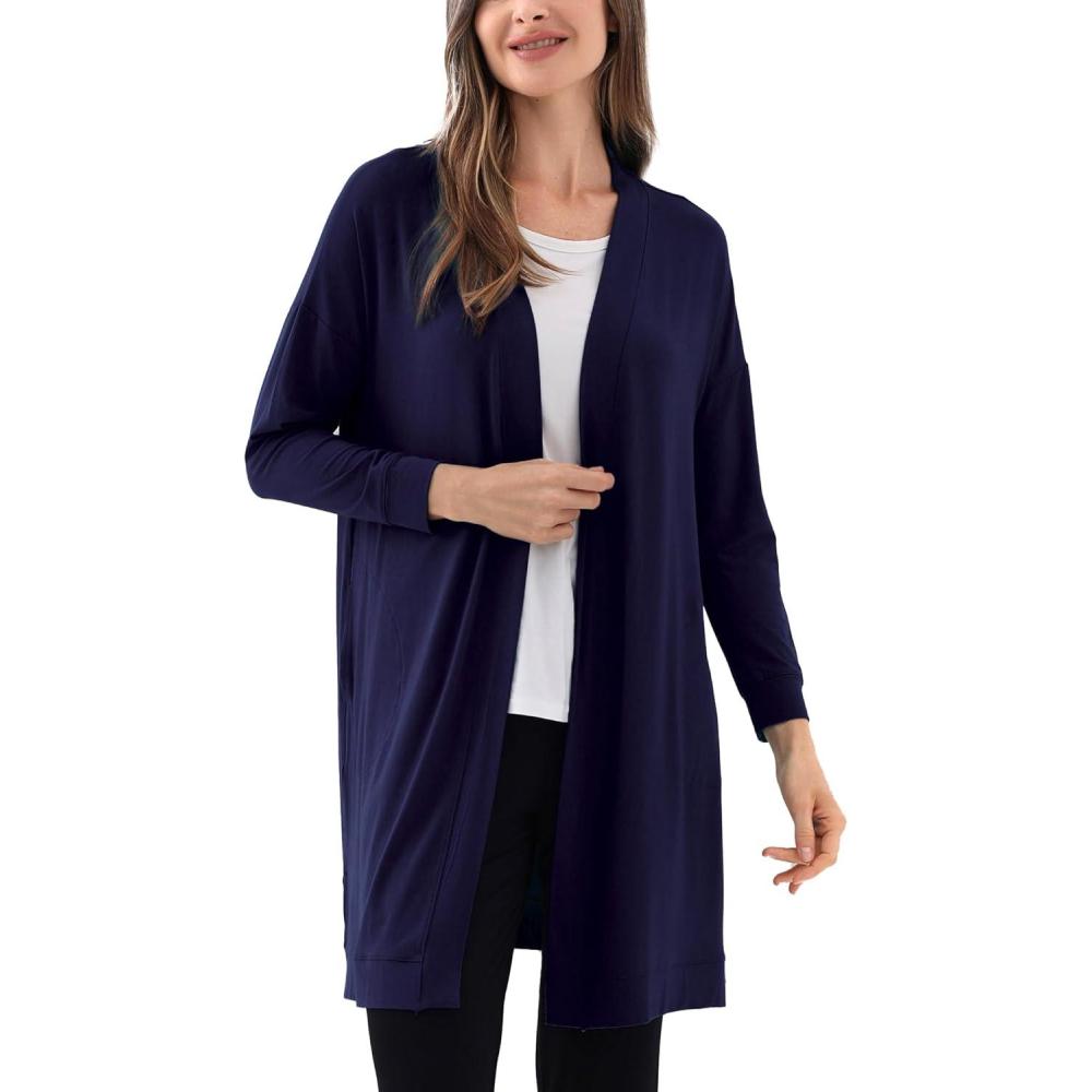 imageGYS Open Front Cardigan for Women Bamboo Viscose Lightweight Womens Cardigan with Pocketes Long Sleeve Casual Relaxed CoatNavy