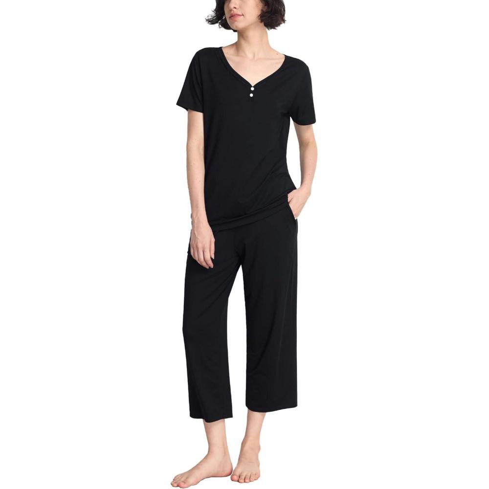 imageGYS Pajama Sets for Women Soft Bamboo Viscose Short Sleeve Top with Capri Pants 2 Piece SleepwearBlack