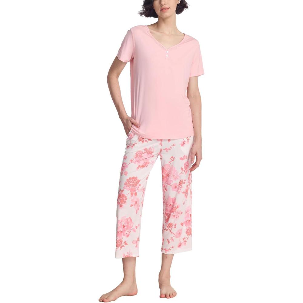 imageGYS Pajama Sets for Women Soft Bamboo Viscose Short Sleeve Top with Capri Pants 2 Piece SleepwearPeony