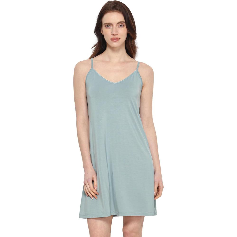 imageGYS Premium Bamboo Viscose Womens Full Slips Nightgown Soft and Lightweight Spaghetti Strap Sleep DressLight Greyish Green