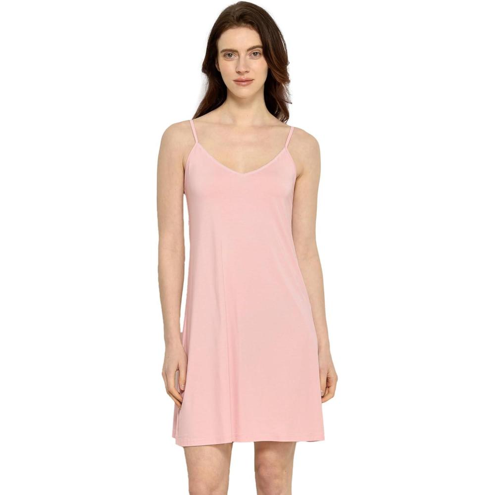 imageGYS Premium Bamboo Viscose Womens Full Slips Nightgown Soft and Lightweight Spaghetti Strap Sleep DressPink