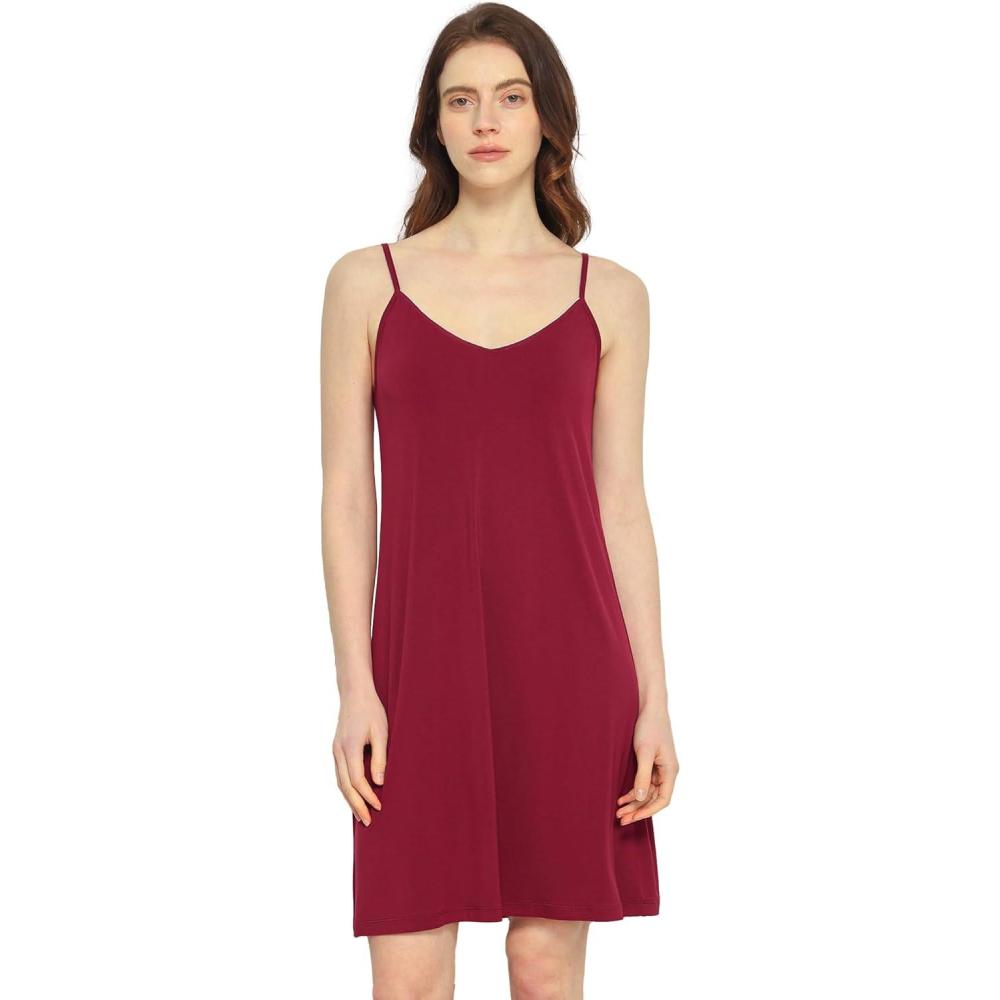imageGYS Premium Bamboo Viscose Womens Full Slips Nightgown Soft and Lightweight Spaghetti Strap Sleep DressWine Red