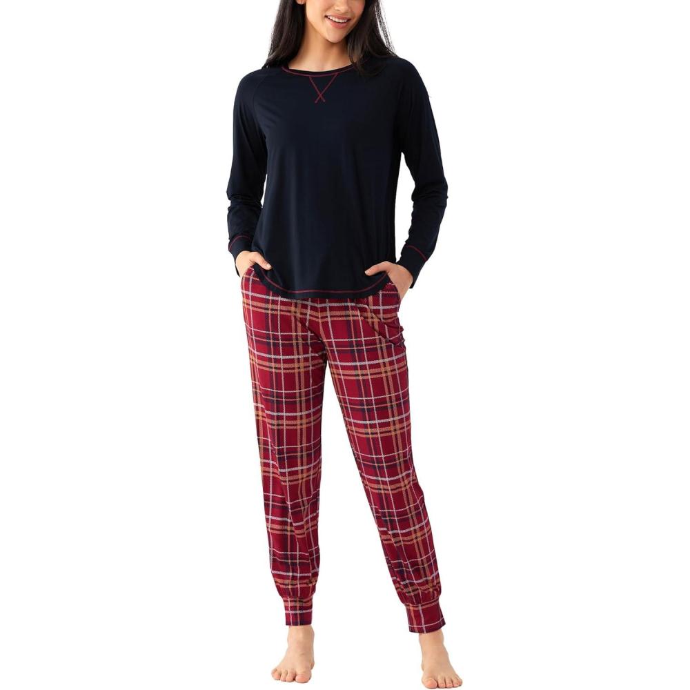 imageGYS Premium Bamboo Viscose Womens Pajamas Set Long Sleeve Sleepwear Tops with Jogger Pants Pjs SetsBlackWine Red Plaid