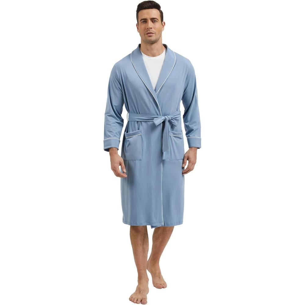 imageGYS Premium Mens Robe Bamboo Viscose Knee Length Soft Comfy BathrobeGrayish Blue