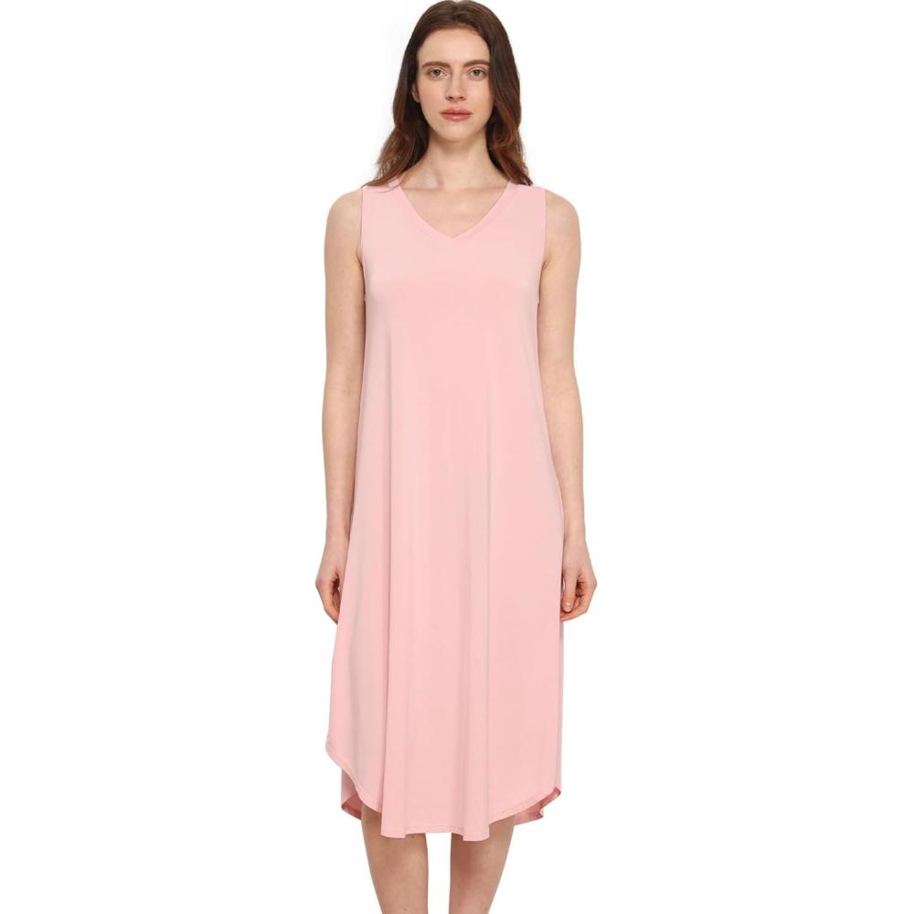 imageGYS Premium Sleeveless Nightgowns for Women Soft Bamboo Viscose V Neck Tank Pajama DressPink