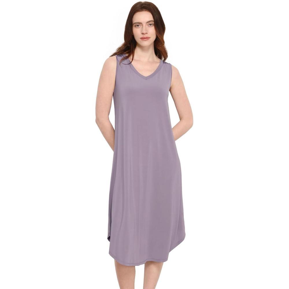 imageGYS Premium Sleeveless Nightgowns for Women Soft Bamboo Viscose V Neck Tank Pajama DressViolet