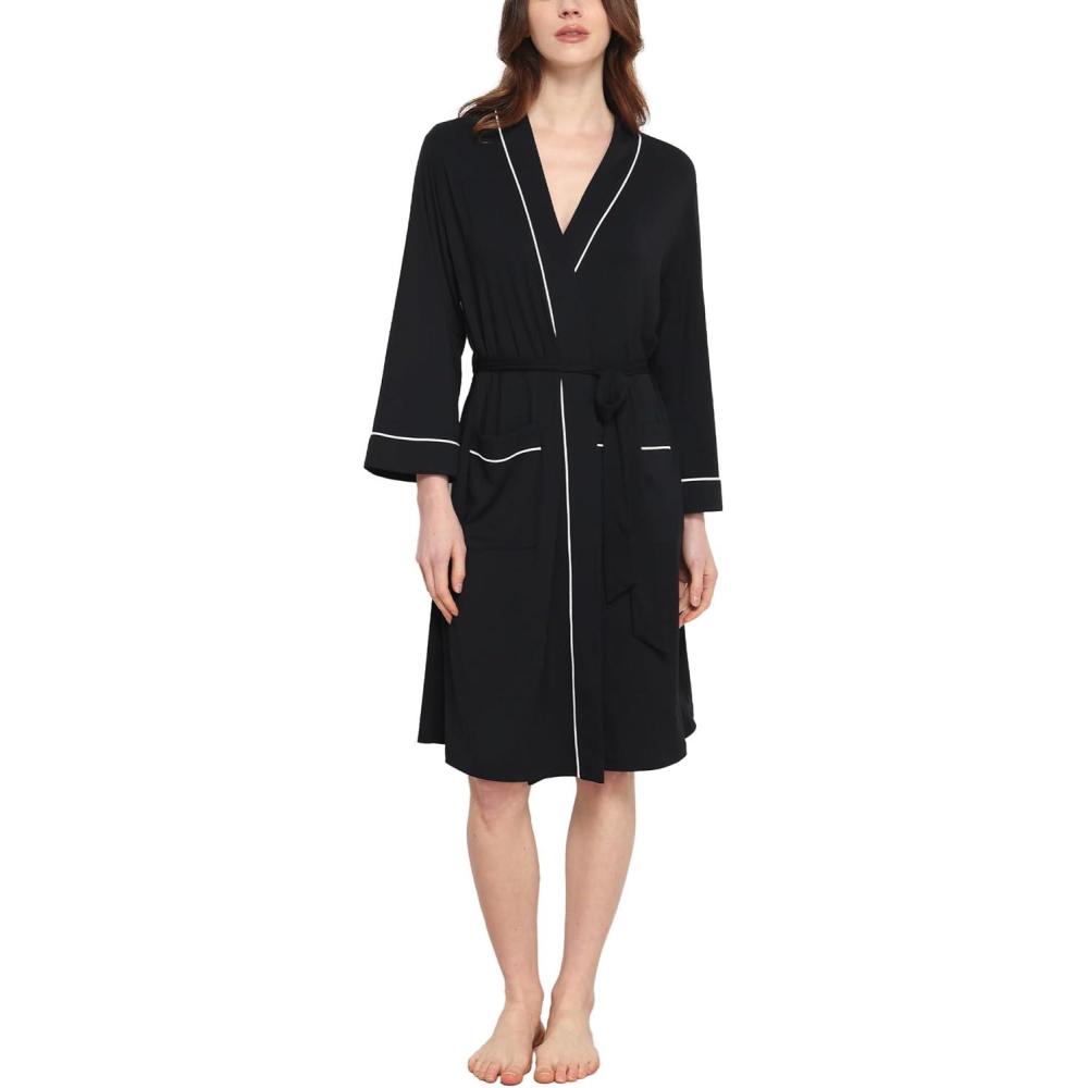 imageGYS Premium Viscose from Bamboo Robe for Women Long Sleeve Bathrobes Soft Kimono RobesBlack