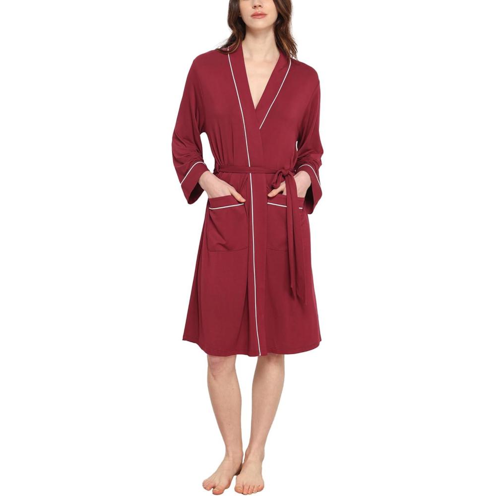 imageGYS Premium Viscose from Bamboo Robe for Women Long Sleeve Bathrobes Soft Kimono RobesWine Red