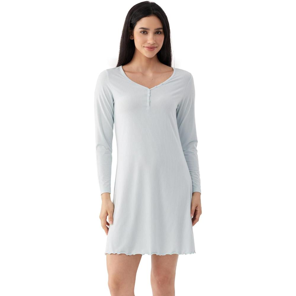 imageGYS Premium Womens Nightgowns Bamboo Viscose Breathable and Stylish Long Sleeve Sleep Dress for Allday ComfortBreezy Blue