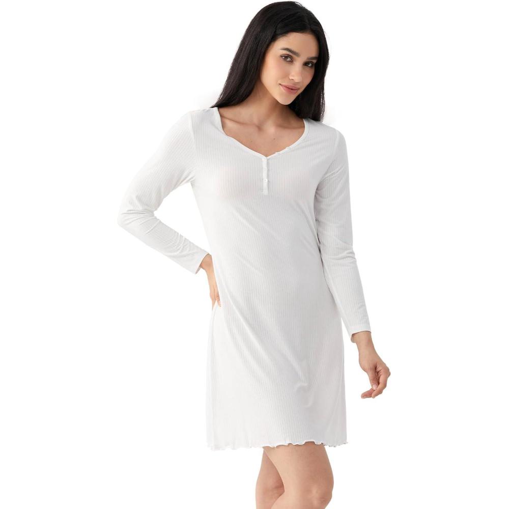 imageGYS Premium Womens Nightgowns Bamboo Viscose Breathable and Stylish Long Sleeve Sleep Dress for Allday ComfortWhite