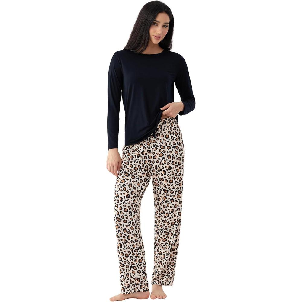 imageGYS Premium Womens Pajama Sets Bamboo Viscose Soft and Breathable Long Sleeve SleepwearBlackLeopard