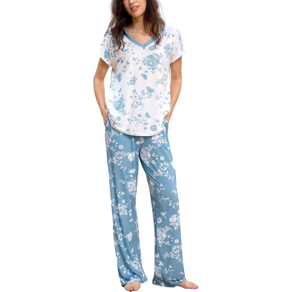 imageGYS Short Sleeve Pajama Set for Women Soft Bamboo Viscose Satin V Neck 2 Piece Sleep SetsLight Green Floral