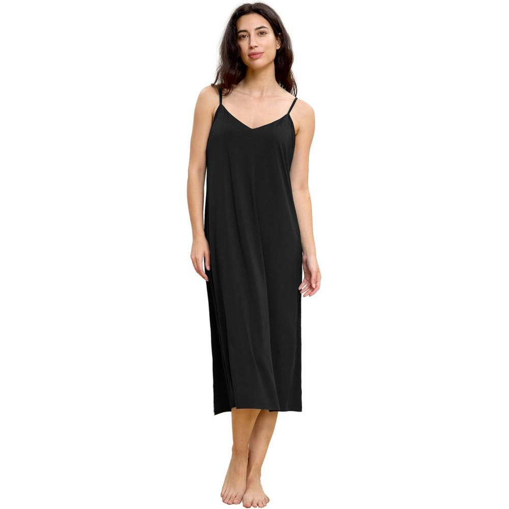 imageGYS Womens Nightgowns Bamboo Viscose V Neck Adjustable Spaghetti Straps Sleeveless Sleep DressBlack