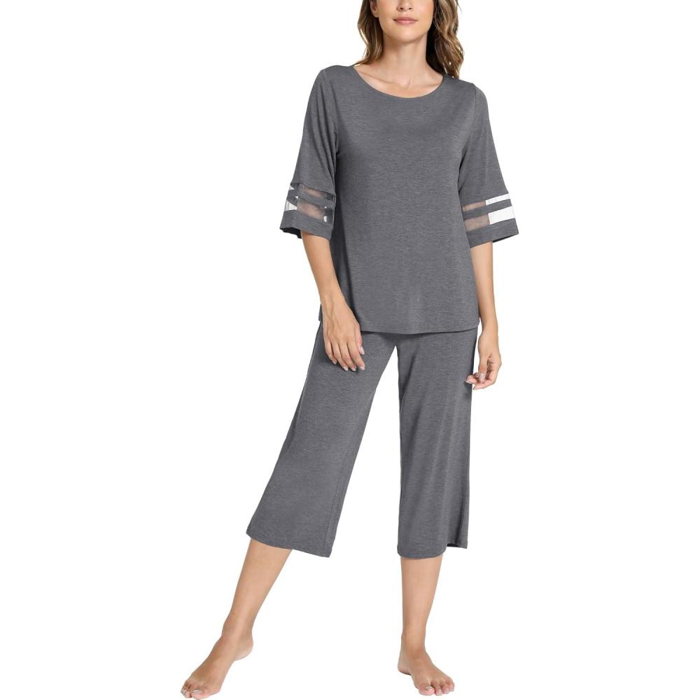 imageGYS Womens Pajama Set Viscose Made from Bamboo 34 Sleeve Capri Pajama Set Soft 2 Piece Sleepwear Pjs Lounge SetDark Heather Grey