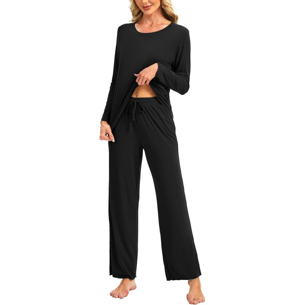 imageGYS Womens Pajama Set Bamboo Viscose CloudSoft Long Sleeve Yearround Comfort Sleep SetsBlack