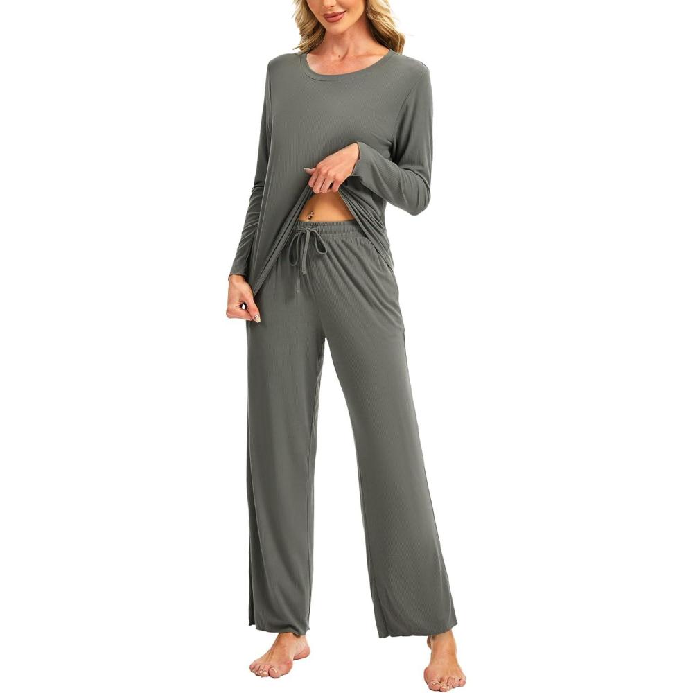 imageGYS Womens Pajama Set Bamboo Viscose CloudSoft Long Sleeve Yearround Comfort Sleep SetsGrayish Green