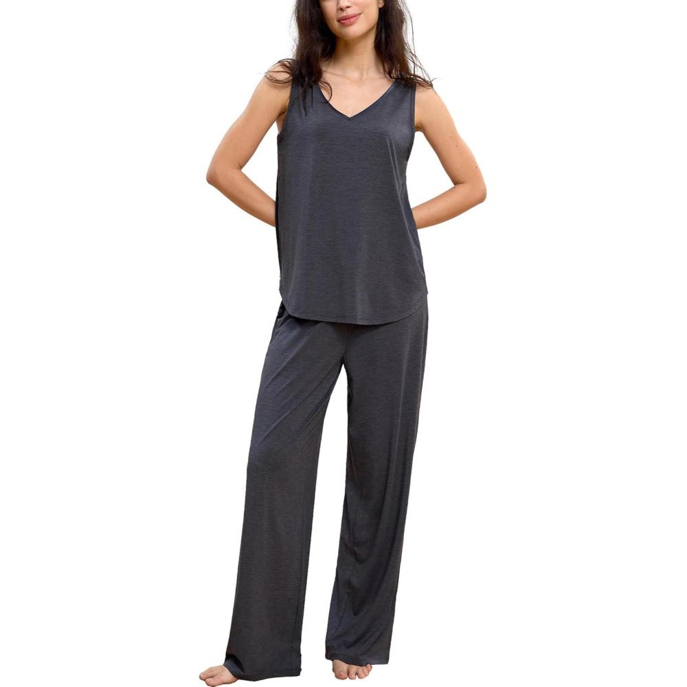 imageGYS Womens Pajama Set Bamboo Viscose Tank Top and Pants Soft 2 Piece Sleep SetsDark Heather Grey