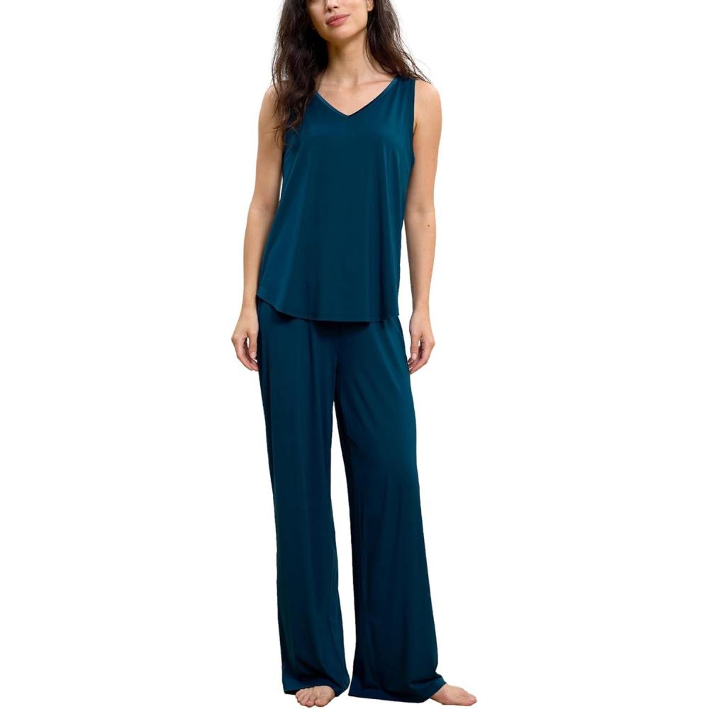 imageGYS Womens Pajama Set Bamboo Viscose Tank Top and Pants Soft 2 Piece Sleep SetsInk Blue