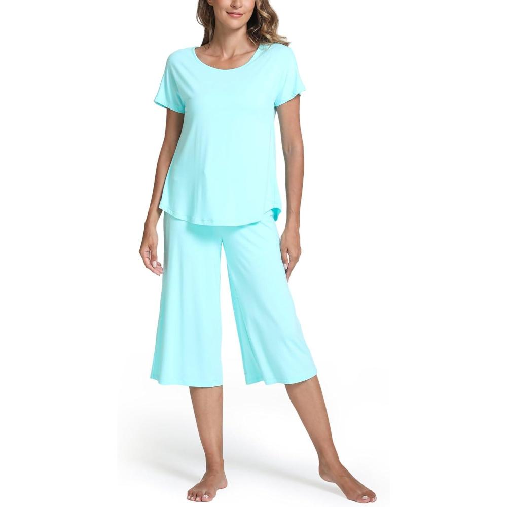 imageGYS Womens Pajama Sets Short Sleeve Top and Capri Pant Solid Color Sleepwear Viscose from BambooAqua