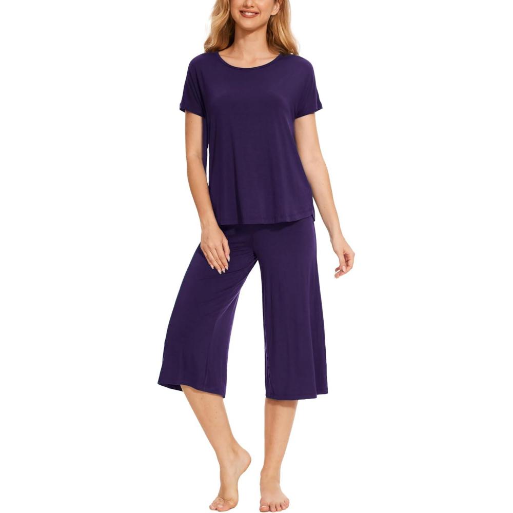 imageGYS Womens Pajama Sets Short Sleeve Top and Capri Pant Solid Color Sleepwear Viscose from BambooDeep Purple