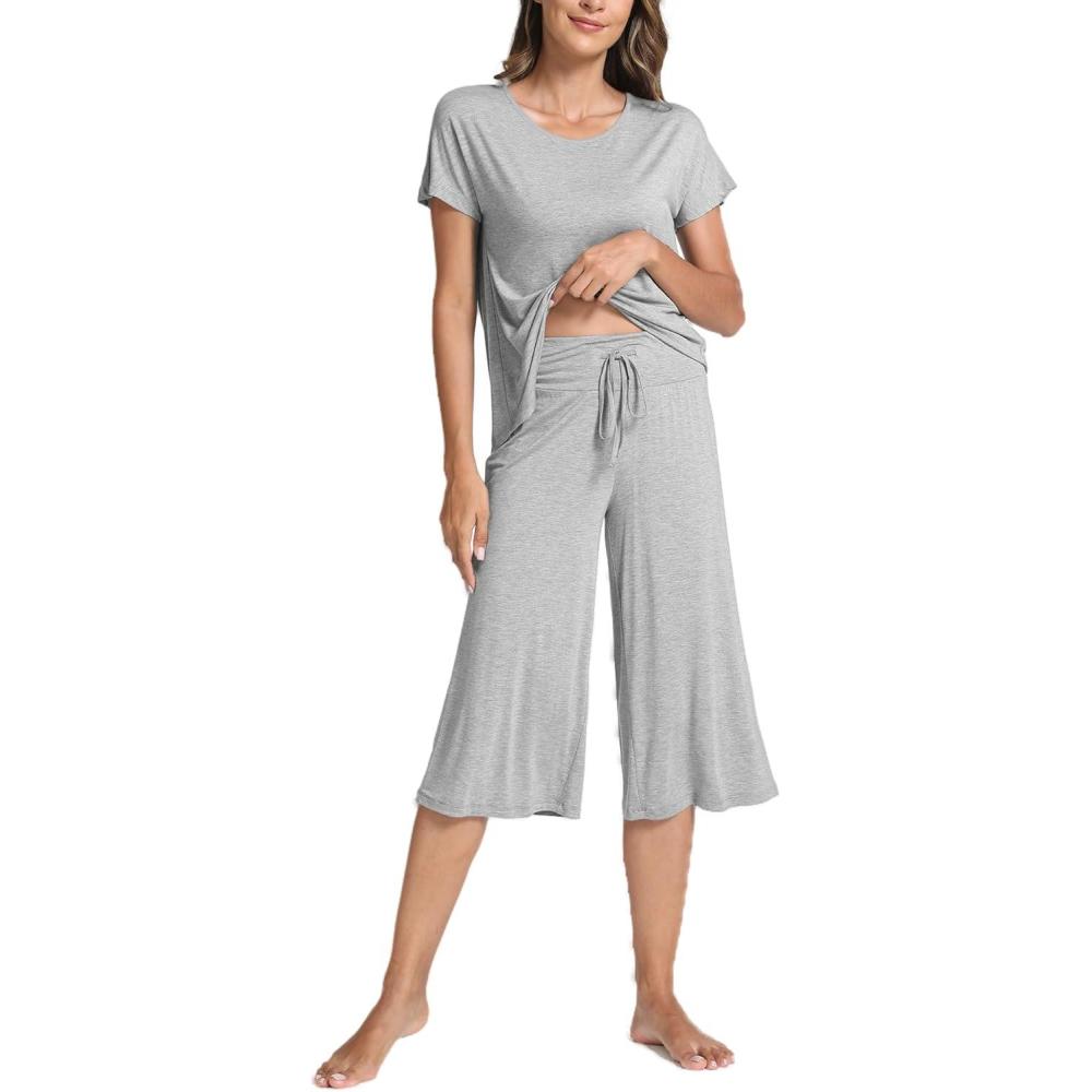 imageGYS Womens Pajama Sets Short Sleeve Top and Capri Pant Solid Color Sleepwear Viscose from BambooHeather Grey