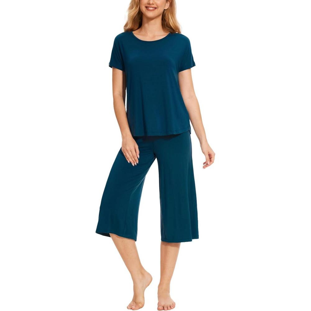 imageGYS Womens Pajama Sets Short Sleeve Top and Capri Pant Solid Color Sleepwear Viscose from BambooInk Blue