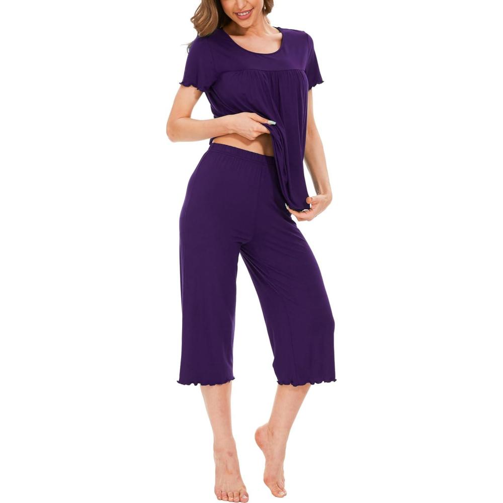 imageLazyCozy Womens Pajama Sets Viscose from Bamboo Pj Set Short Sleeve Top with Capri Pants Sleepwear 2 Piece Lounge SetC Dark Purple