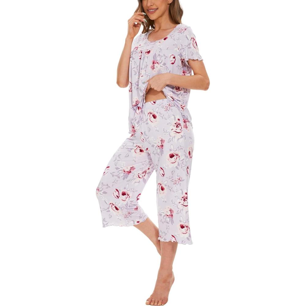 imageLazyCozy Womens Pajama Sets Viscose from Bamboo Pj Set Short Sleeve Top with Capri Pants Sleepwear 2 Piece Lounge SetC Grey Flowers