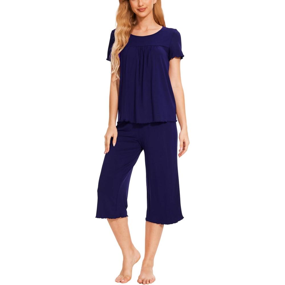 imageLazyCozy Womens Pajama Sets Viscose from Bamboo Pj Set Short Sleeve Top with Capri Pants Sleepwear 2 Piece Lounge SetC Navy