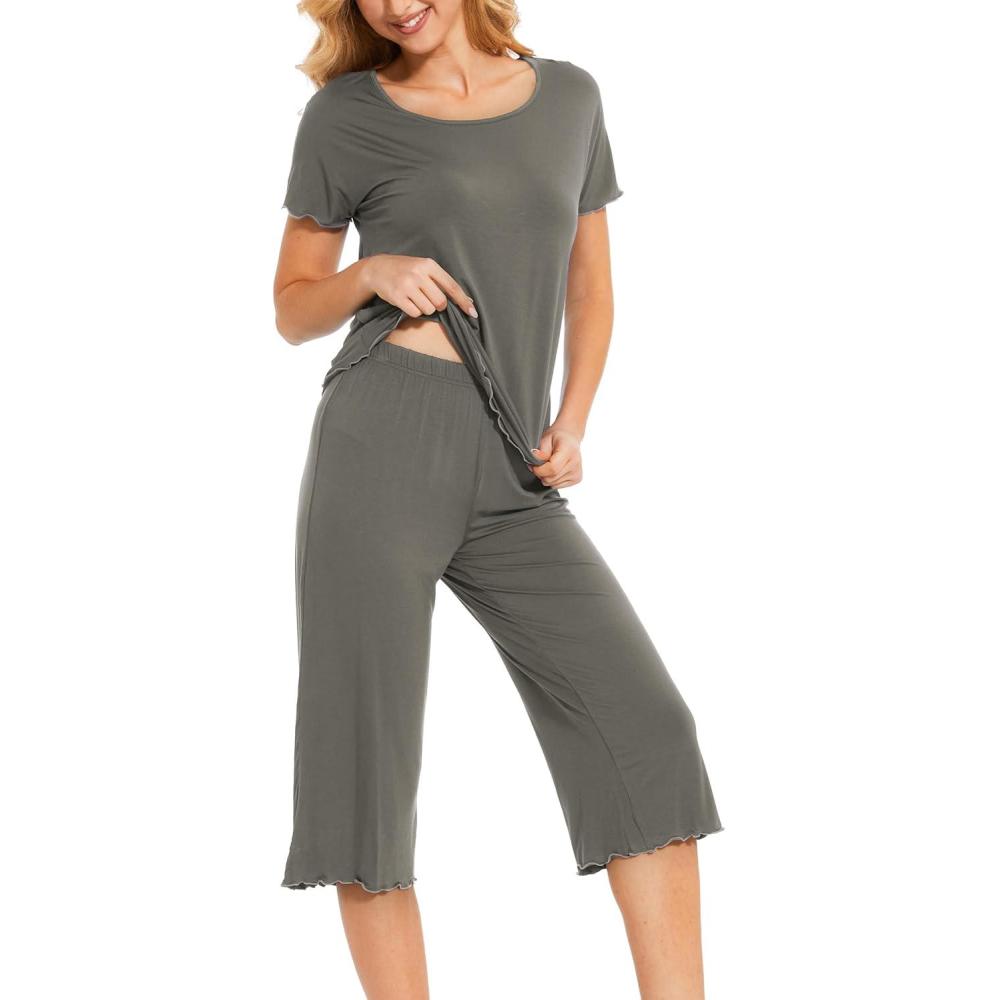 imageLazyCozy Womens Pajama Sets Viscose from Bamboo Pj Set Short Sleeve Top with Capri Pants Sleepwear 2 Piece Lounge SetIron Grey