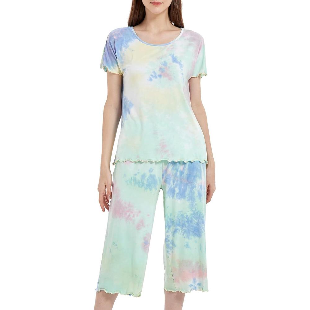 imageLazyCozy Womens Pajama Sets Viscose from Bamboo Pj Set Short Sleeve Top with Capri Pants Sleepwear 2 Piece Lounge SetTiedyed