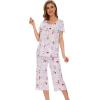 LazyCozy Womens Pajama Sets Viscose from Bamboo Pj Set Short Sleeve Top with Capri Pants Sleepwear 2 Piece Lounge Set(C – Grey Flowers)