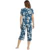 LazyCozy Womens Pajama Sets Viscose from Bamboo Pj Set Short Sleeve Top with Capri Pants Sleepwear 2 Piece Lounge Set(C – Ink Blue Flowers)