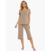 LazyCozy Womens Pajama Sets Viscose from Bamboo Pj Set Short Sleeve Top with Capri Pants Sleepwear 2 Piece Lounge Set(Camel)