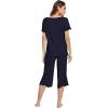 LazyCozy Womens Pajama Sets Viscose from Bamboo Pj Set Short Sleeve Top with Capri Pants Sleepwear 2 Piece Lounge Set(Navy)