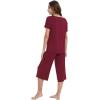 LazyCozy Womens Pajama Sets Viscose from Bamboo Pj Set Short Sleeve Top with Capri Pants Sleepwear 2 Piece Lounge Set(Wine)