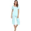 LazyCozy Womens Pajama Sets Viscose from Bamboo Pj Set Short Sleeve Top with Capri Pants Sleepwear 2 Piece Lounge Set(Aqua)