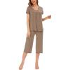 LazyCozy Womens Pajama Sets Viscose from Bamboo Pj Set Short Sleeve Top with Capri Pants Sleepwear 2 Piece Lounge Set(C – Brown)