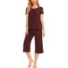 LazyCozy Womens Pajama Sets Viscose from Bamboo Pj Set Short Sleeve Top with Capri Pants Sleepwear 2 Piece Lounge Set(C – Ficus Red)