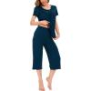 LazyCozy Womens Pajama Sets Viscose from Bamboo Pj Set Short Sleeve Top with Capri Pants Sleepwear 2 Piece Lounge Set(C – Ink Blue)