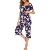 LazyCozy Womens Pajama Sets Viscose from Bamboo Pj Set Short Sleeve Top with Capri Pants Sleepwear 2 Piece Lounge Set(C – Navy Peony)