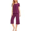 LazyCozy Womens Pajama Sets Viscose from Bamboo Pj Set Short Sleeve Top with Capri Pants Sleepwear 2 Piece Lounge Set(C – Purplish Red)