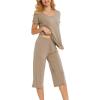 LazyCozy Womens Pajama Sets Viscose from Bamboo Pj Set Short Sleeve Top with Capri Pants Sleepwear 2 Piece Lounge Set(Camel)