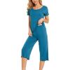 LazyCozy Womens Pajama Sets Viscose from Bamboo Pj Set Short Sleeve Top with Capri Pants Sleepwear 2 Piece Lounge Set(Teal Blue)