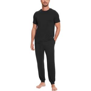 GYS Bamboo Viscose Men’s Pajama Sets Short Sleeve Solid Color Soft Lounge Set(Black)