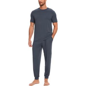 GYS Bamboo Viscose Men’s Pajama Sets Short Sleeve Solid Color Soft Lounge Set(Grayish Blue)