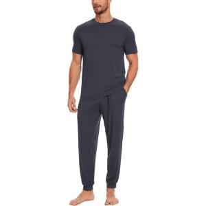 GYS Bamboo Viscose Men’s Pajama Sets Short Sleeve Solid Color Soft Lounge Set(Midnight Blue)
