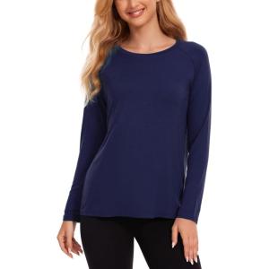 GYS Bamboo Viscose Pajama Tops for Women Long Sleeve Tees Crew Neck Sleep Shirt(Navy)