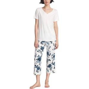 GYS Pajama Sets for Women Soft Bamboo Viscose Short Sleeve Top with Capri Pants 2 Piece Sleepwear(Blue Rose)