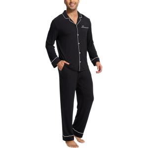 GYS Premium Bamboo Viscose Men’s Pajamas Set Long Sleeve Button Down 2 Pieces Sleepwear Sets(Black)